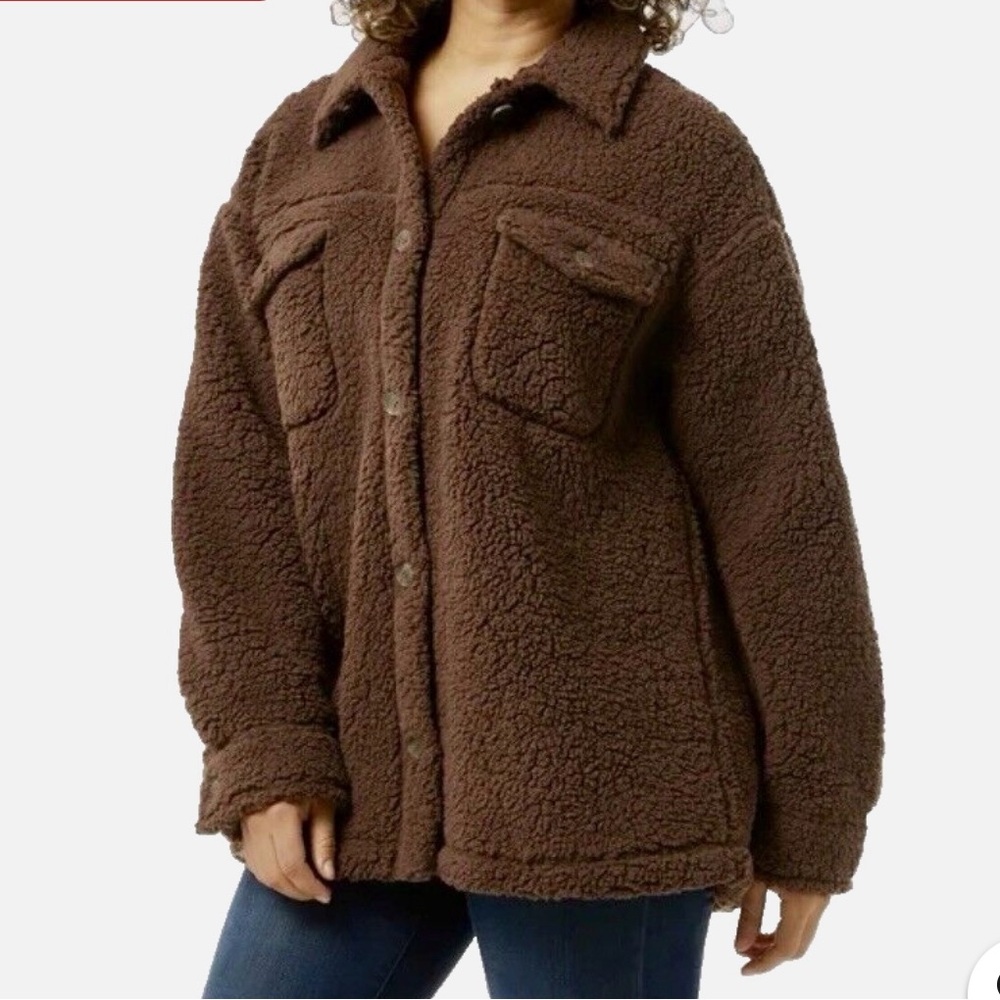 Brown Teddy Jacket with Plush Material and Relaxed Fit
